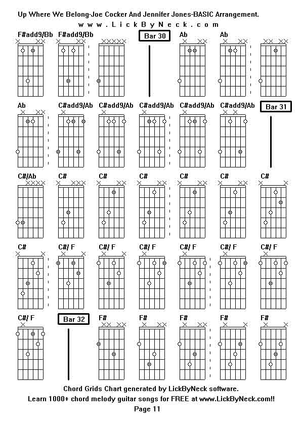 Chord Grids Chart of chord melody fingerstyle guitar song-Up Where We Belong-Joe Cocker And Jennifer Jones-BASIC Arrangement,generated by LickByNeck software.